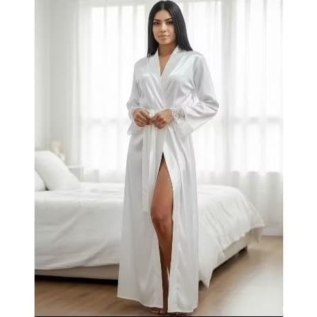 Robe cetim roupão longo com renda na manga do P ao 56