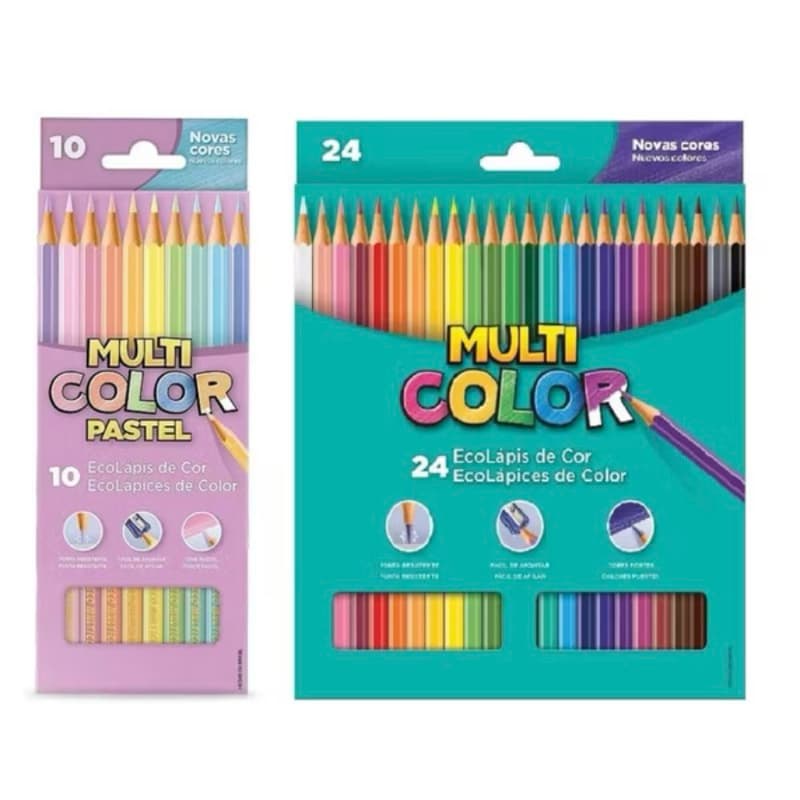kit Lápis de Cor Multicolor 24 cores + 01 Caixa Ecolápis Cor Pastel 10 cores