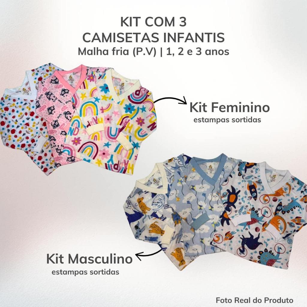 Kit Com 3 Camisetas Infantis Masculino e Feminino Para o Dia a Dia Meia Estação