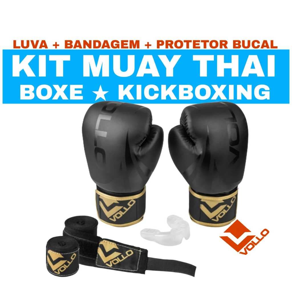 CONJUNTO KIT VOLLO LUVA, BANDAGEM E PROTETOR BUCAL MUAY THAI, BOXE, KICKBOXING, SPARRING, BATE SACO