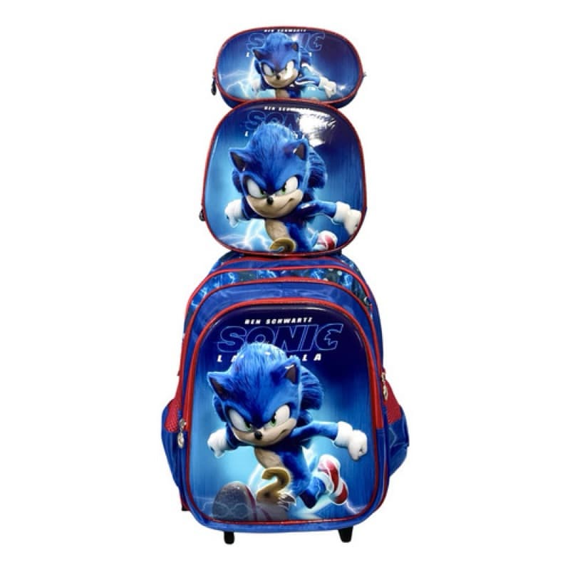 Kit Mochila 3D de Rodinha Infantil Estampa Ouriço Azul – Escolar Resistente Estilo Game