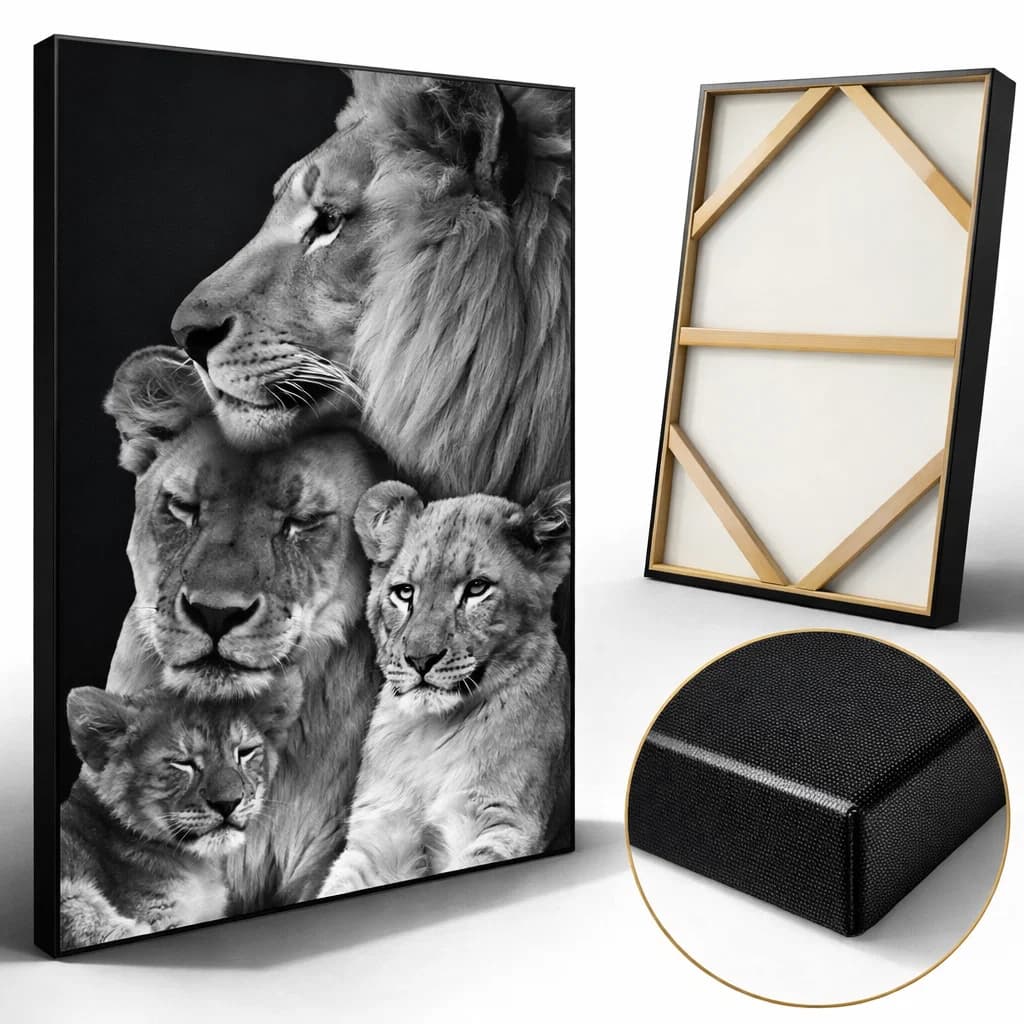 Quadro Leão Protetor Família Filhos Grande Tela Vertical Leoa Casal Leaozinho Decorativo Sala Quarto