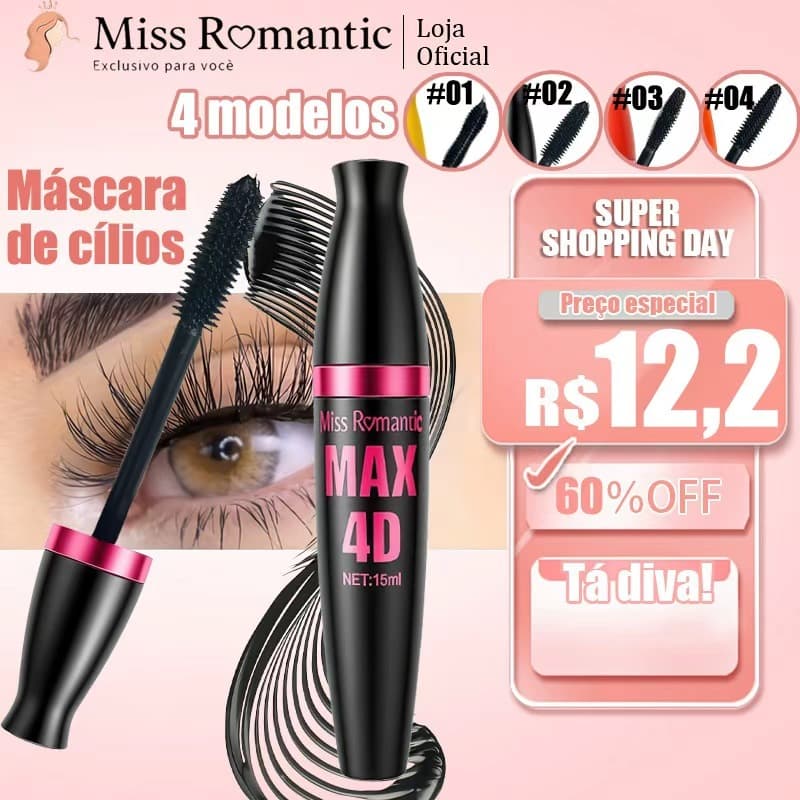 Máscara para Cílios Miss Romantic 💖 4 Modelos – Volume, Alongamento, Curvatura e à Prova d’Água