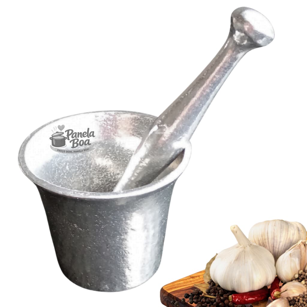 Pilão e Almofariz Socador de Temperos Grande feito em Alumínio Batido Grosso