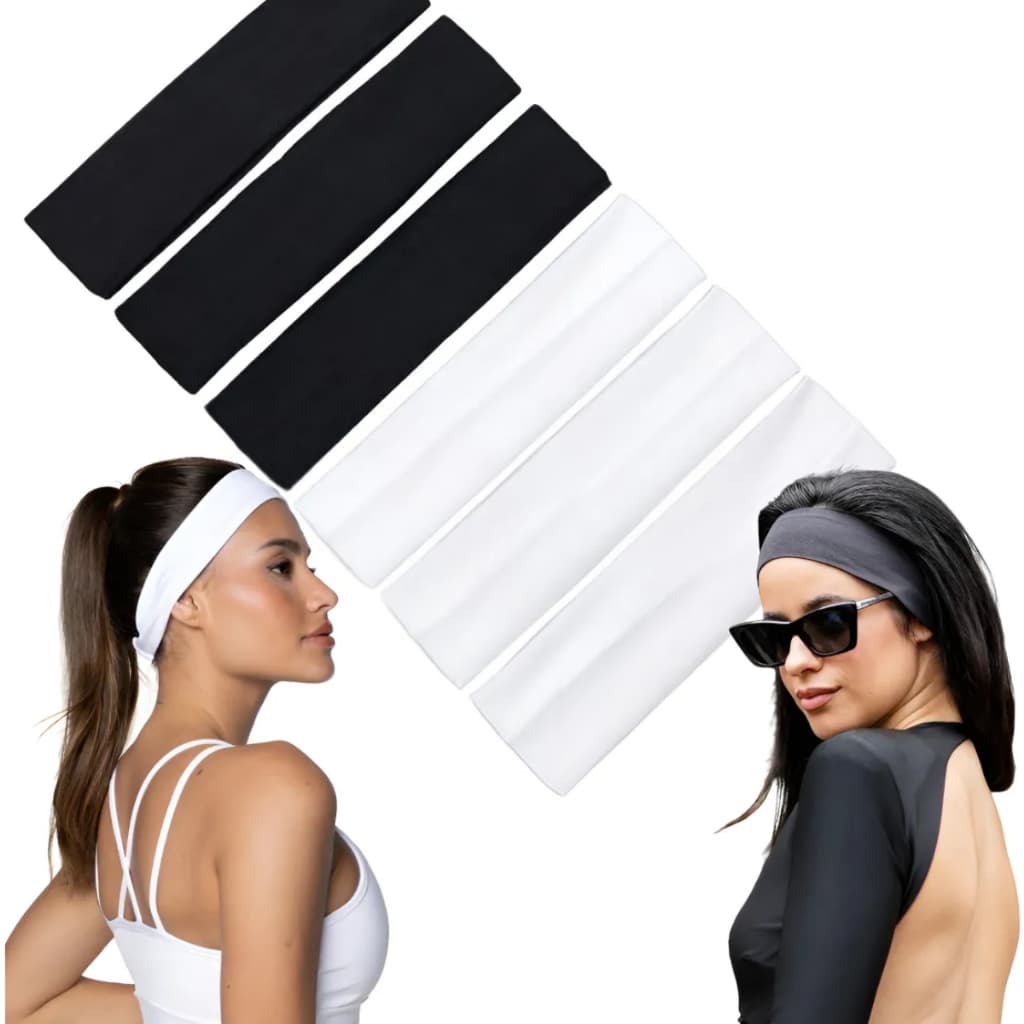Kit 6 Faixas Headband Anti Suor Cabelo Testa Preta E Branca Preto E Branco Liso