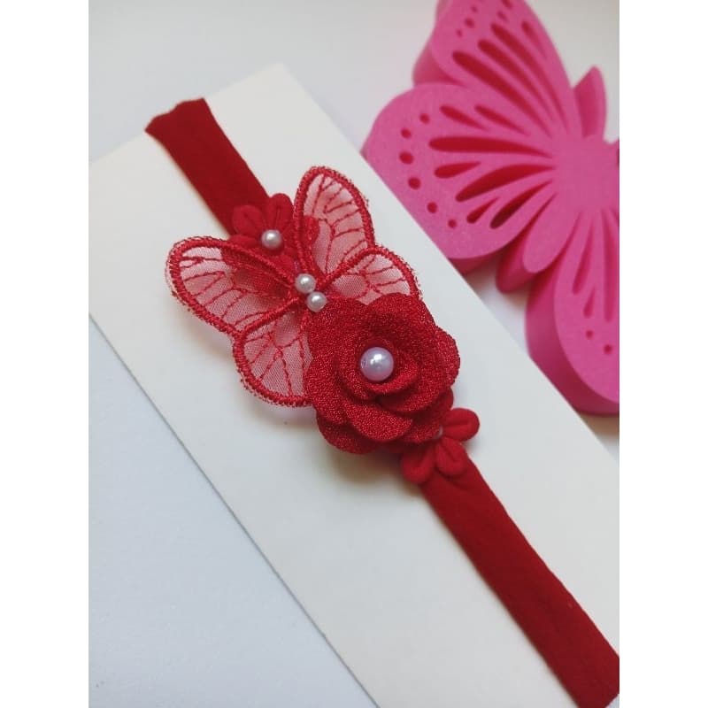 Faixa/Laço de Cabelo infantil Borboleta nas Flores  -  Floral Pérolas. Festa Luxo menina RN/ Saída maternidade