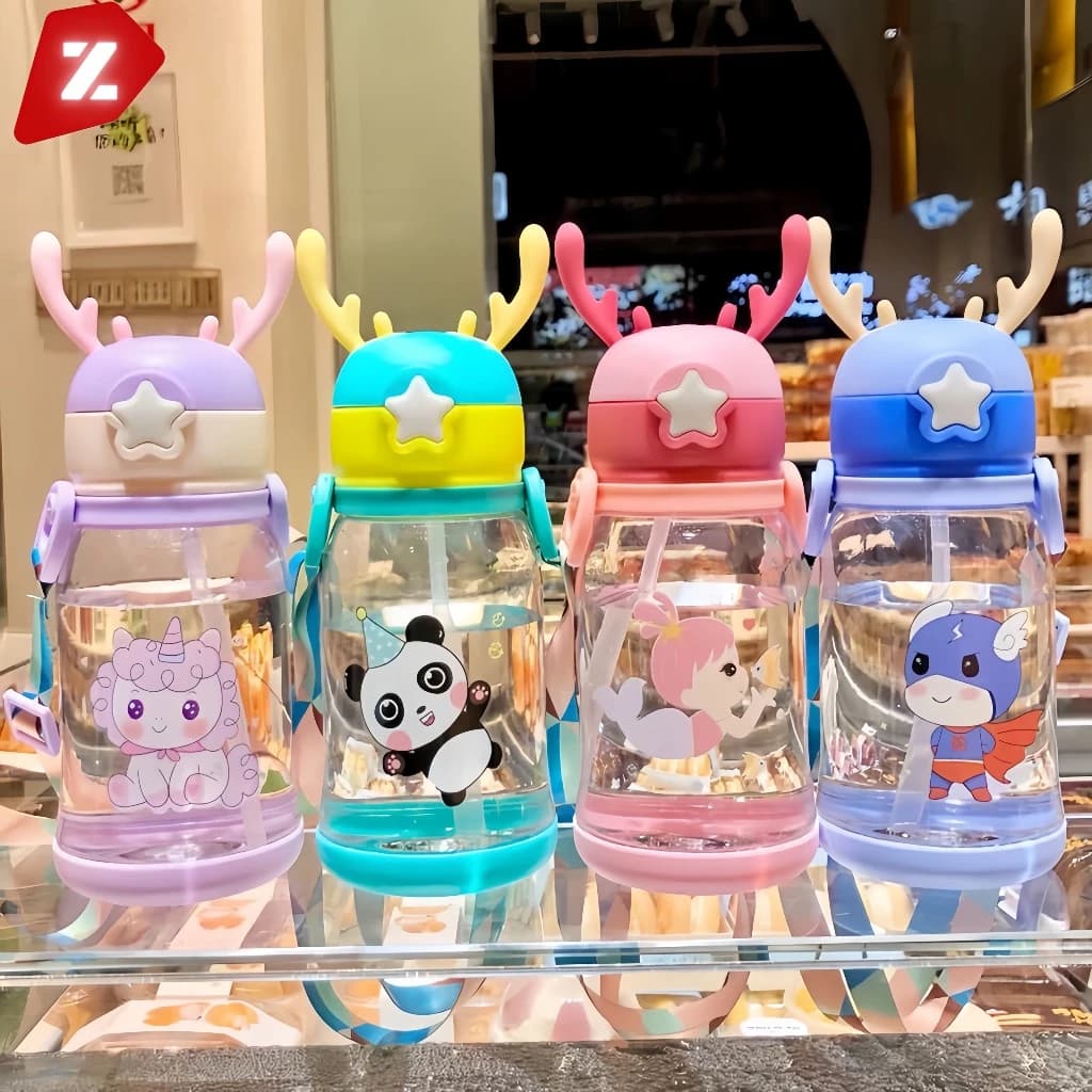 Garrafa Alce Água Infantil Criança Portátil Com Canudo Desenho Multicolorido Squeeze com Canudo para Crianças