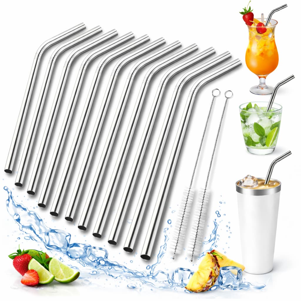 Canudos Inox Curvo com Escova para Drinks 21 cm  - ENVIO IMEDIATO