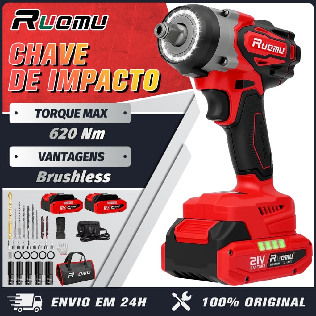 Chave De Impacto 620NM Parafusadeira Furadeira 2 Baterias 21v Brushless