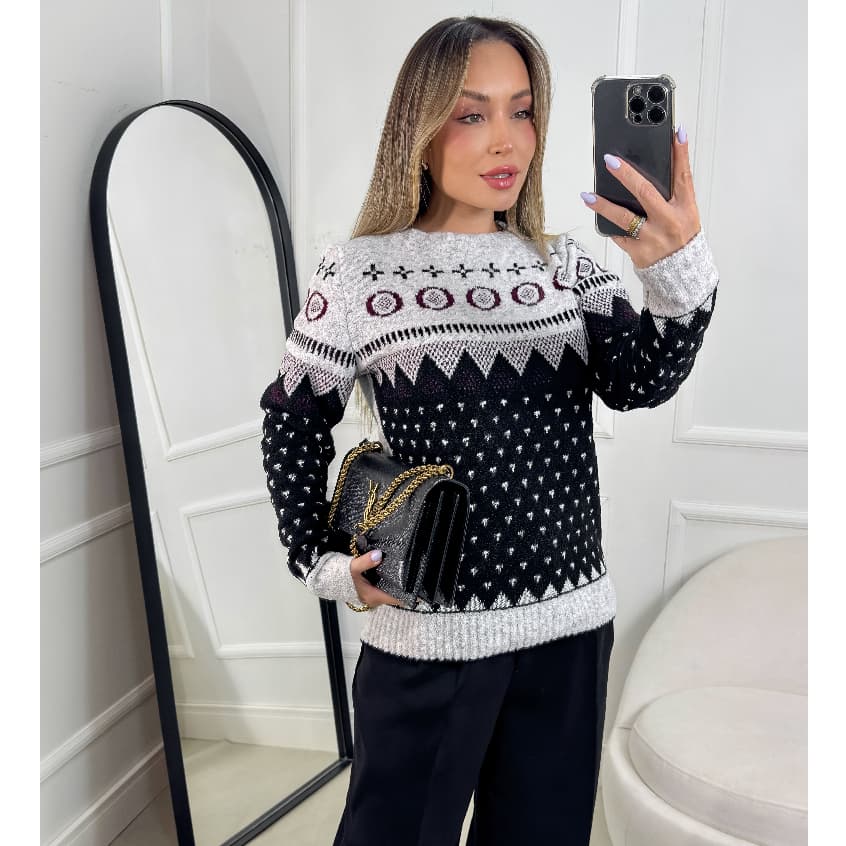 Blusa Suéter Feminino de Tricot Mousse Estampa Geométrica Manga Longa de Frio Elegante Moda Inverno