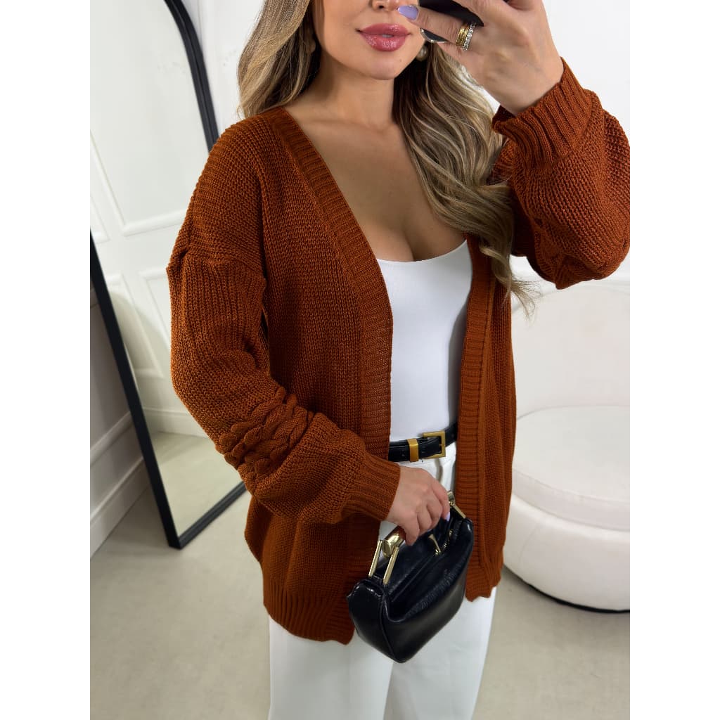 Casaco Cardigan Feminino de Tricot Kimono Aberto de Frio Manga Bufante Longa Elegante Moda Inverno