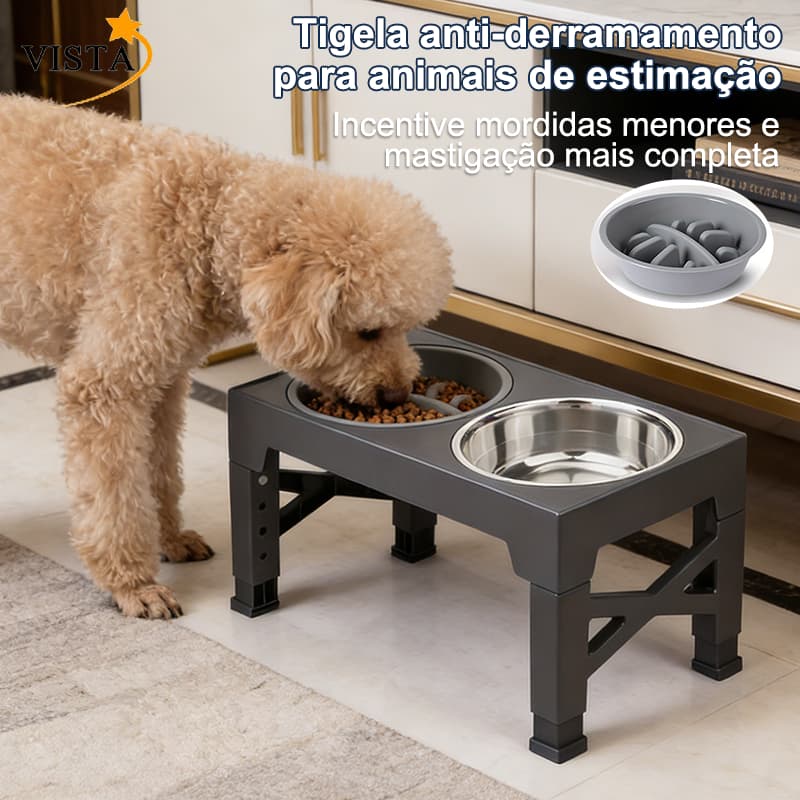 VISTA Comedouro Elevado para Cães Dobrável Ajustável 5 Alturas com 2 Tigelas Inox + Comedouro Lento Cinza
