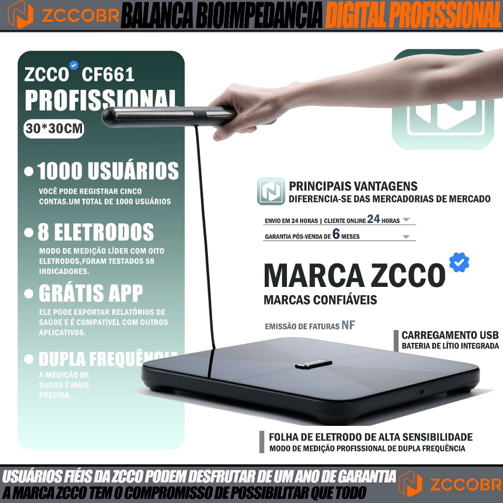ZCCOB CF661 Bioimpedância Corporal Digital 8 Sensores Profissional Bodyscan Garantia 1 ano