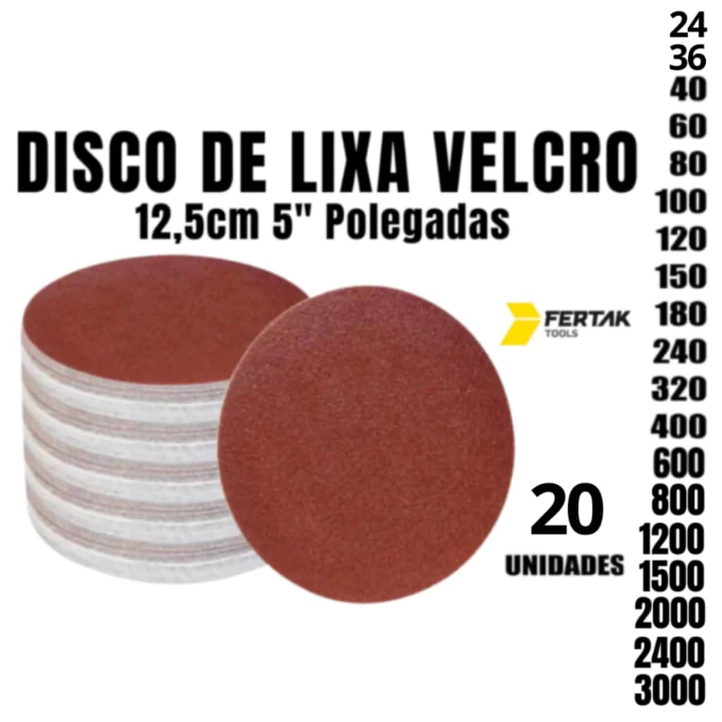 Kit 20 Disco Lixa Velcro Pluma Sem Furos 125mm Lixadeira Roto Orbital  Ferro, Metal, Massa e Madeira