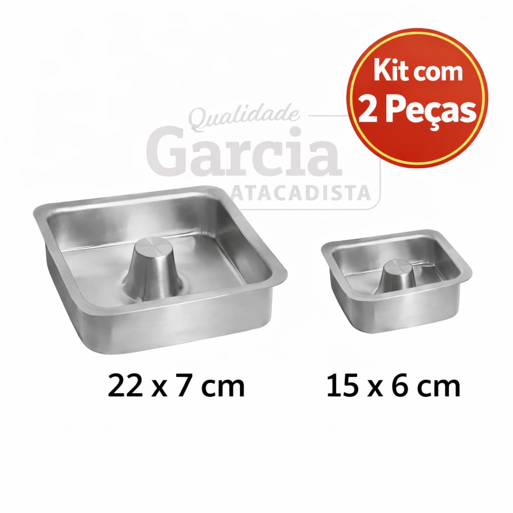 Kit 2 Assadeiras Quadradas  para Pudim com Furo Central – Alumínio Polido 22x7cm e 15x6cm | Qualidade Garcia Atacadista