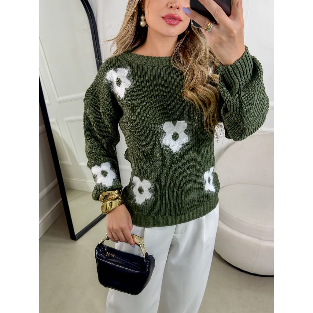 Blusa Flor de Tricot Ponto Fang Manga Longa Gola Redonda Lançamento Luxo Coleção Moda Inverno