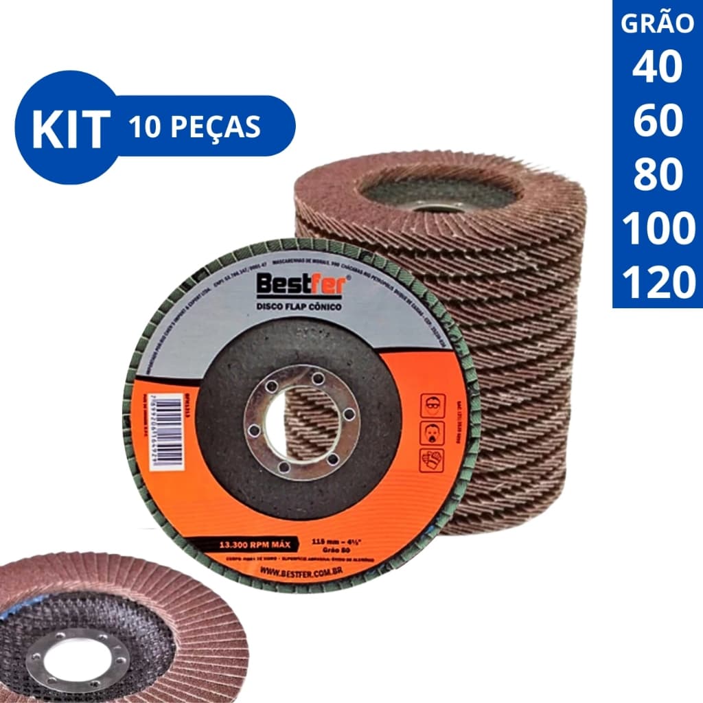 Kit 10 Disco Flap Cônico Lixa Ferro e Madeira Esmerilhadeira Lixadeira 115m x 22mm 40 60 80 100 120