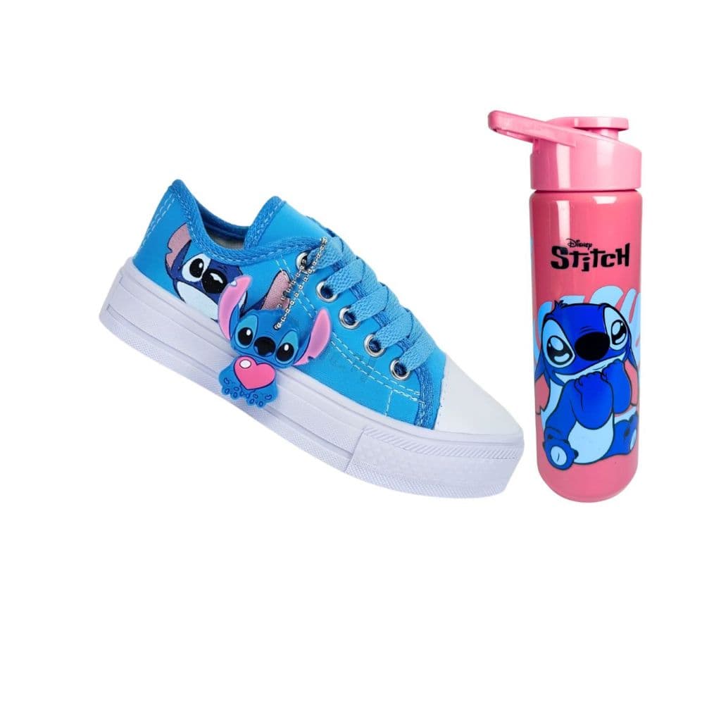Tênis Infantil Casual Azul + Garrafa Squeeze Personagem Lilo & Stitch - Confortável e Estiloso