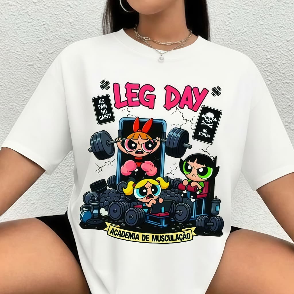 Camiseta 100% Algodão Treino Feminina Plus Size Docinho Oversized Roupas de Academia Look de Treino Super Poderosas Meme