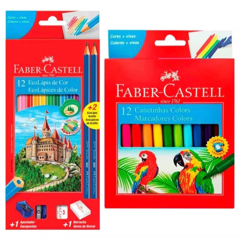 Kit Faber Castell com Lápis de Cor Borracha Apontador 2 Lapis grafite + Canetinhas Hidrográficas