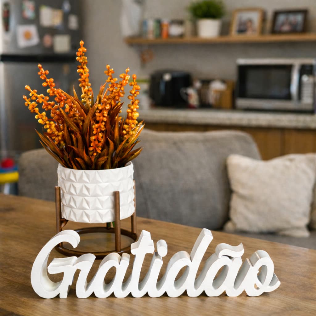 Cachepot Textura Diamante + Suporte Palavra Gratidão Decoração Sala de Estar Escritório Cozinha
