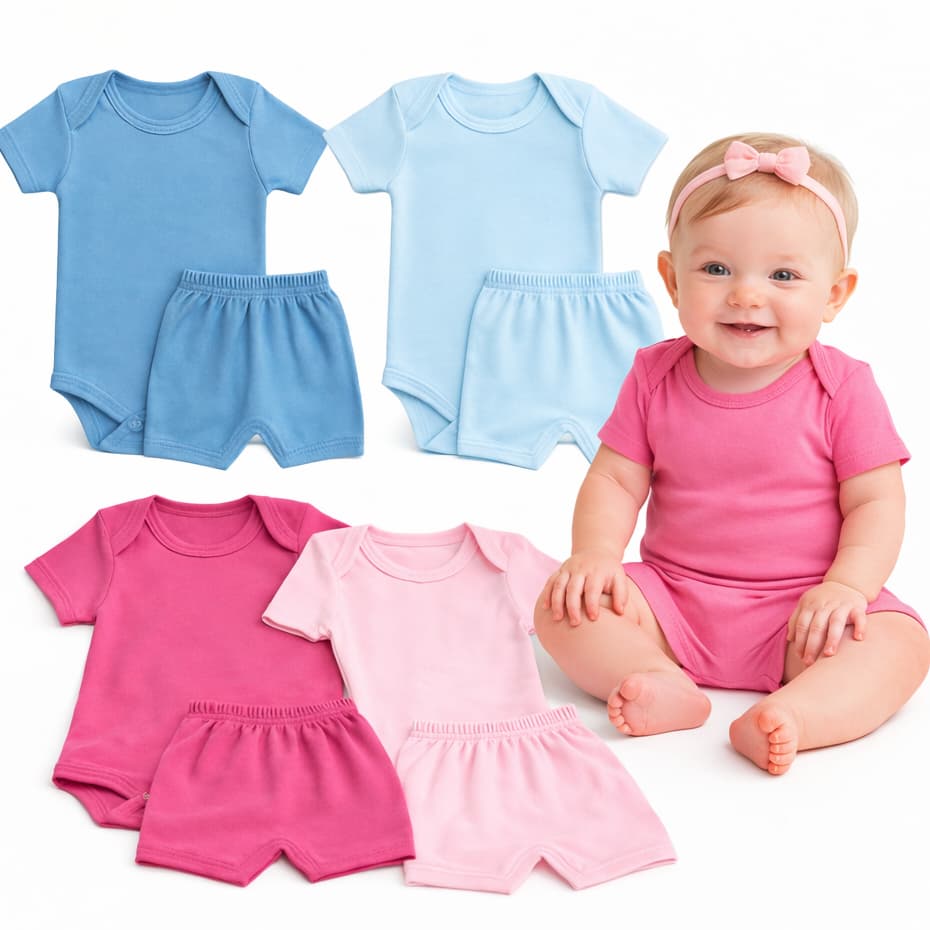 kit 8 peças Body + Shortinhos Menina e Menino canelado Ribana bebe infantil tapa fralda P ao G