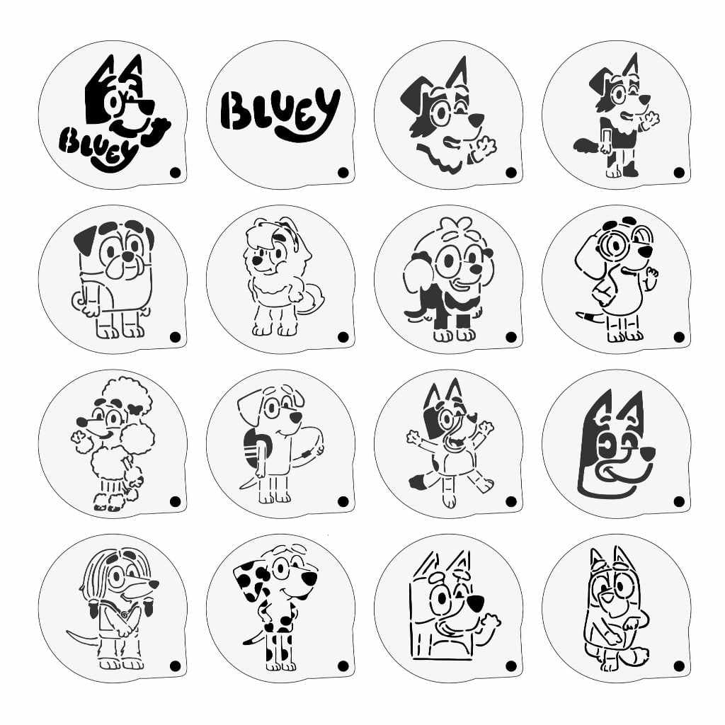 Stencil Bluey e Bingo Infantis Kit 16 Moldes 7x7cm