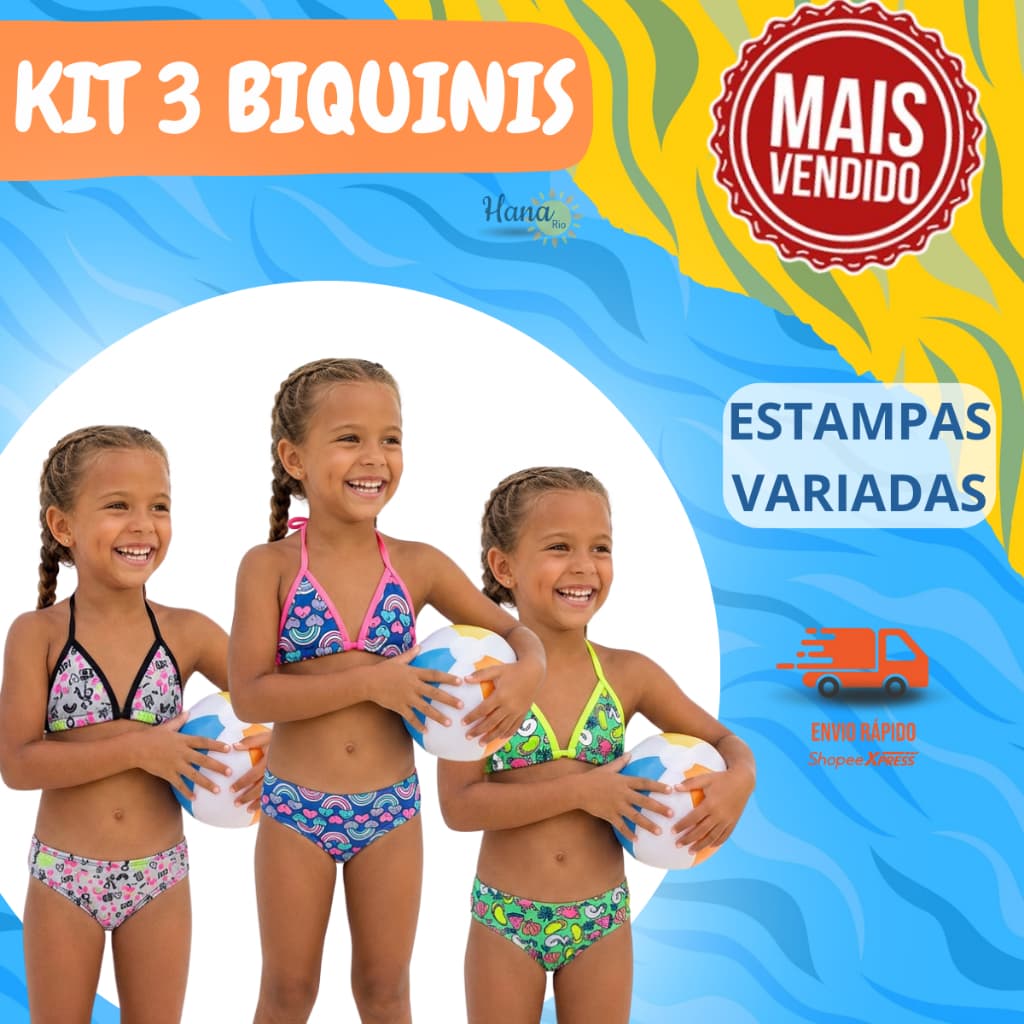 KIT 3 BIQUÍNIS CORTININHA INFANTIL/JUVENIL COM PROTEÇÃO  UV50+ ( ESTAMPAS SORTIDAS )