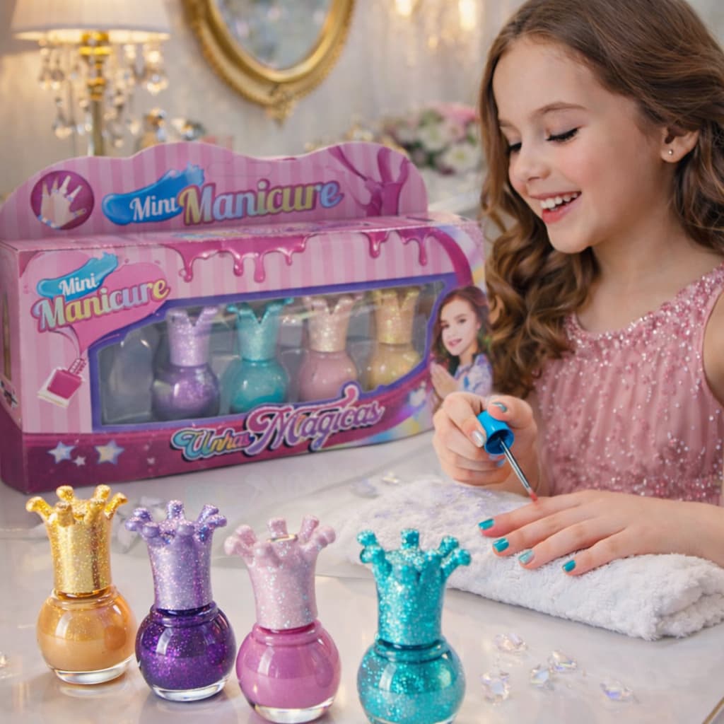 Kit Esmalte Infantil Menina 4 Unidades à Base d’Água, Não Tóxico, Lavável, Cores Princesa, Presente Criança