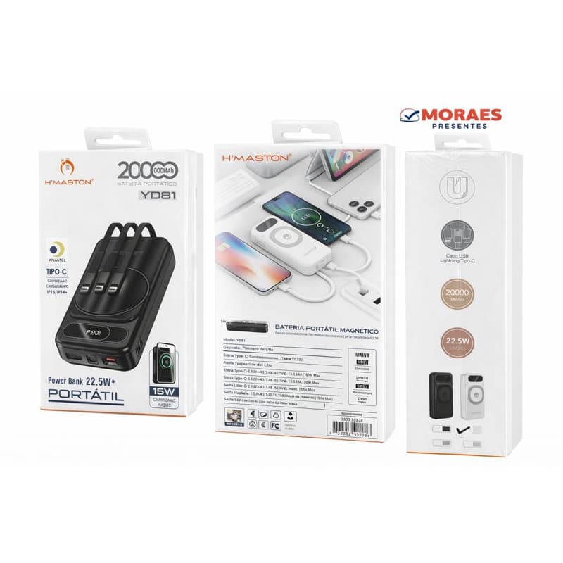 Power Bank magnético 20.000mAh H’Maston YD81, carga rápida 22.5W, com cabos integrados e Type-C.
