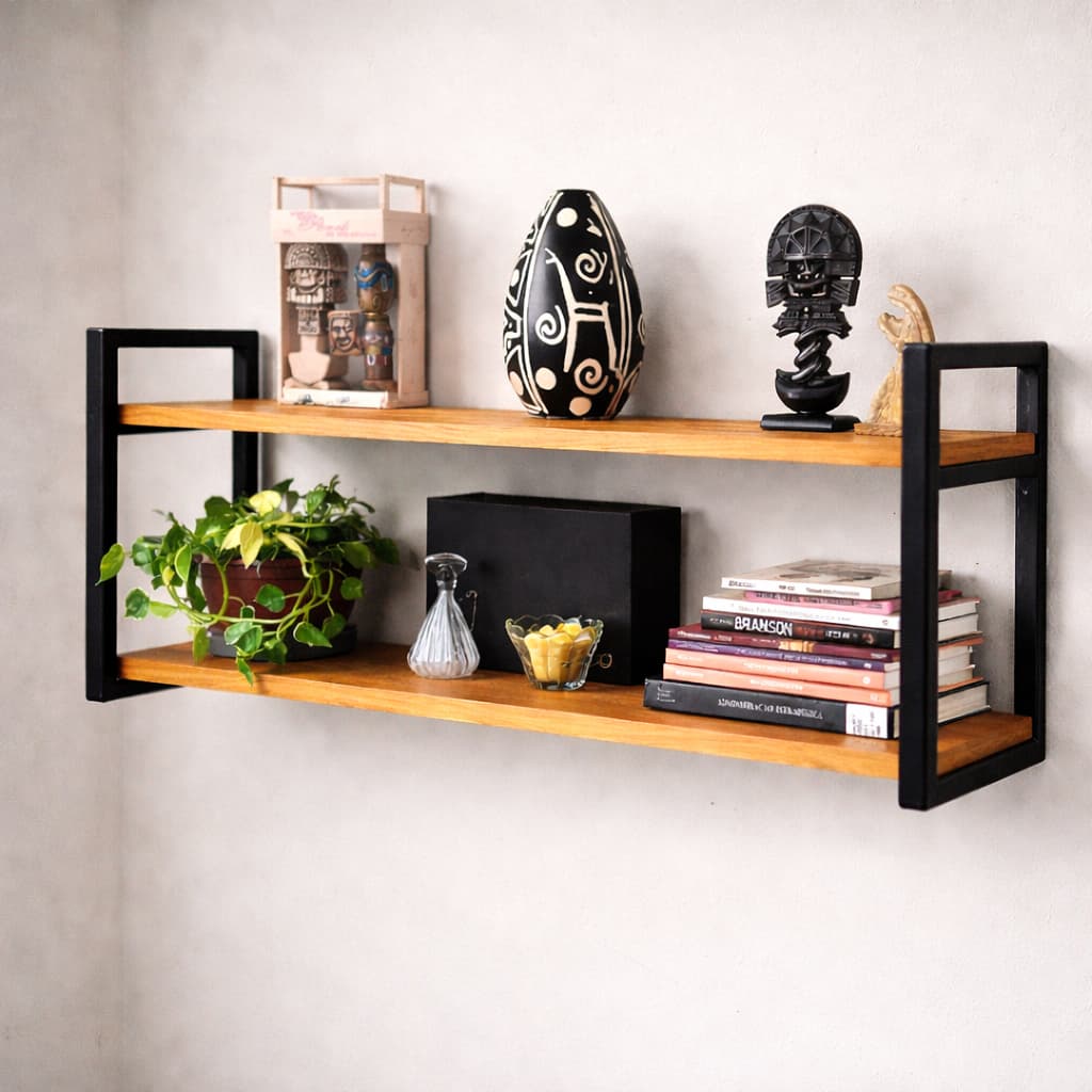 Prateleira Dupla Grande Estilo Industrial 100x20cm  Nicho Duplo Madeira Maciça e Ferro