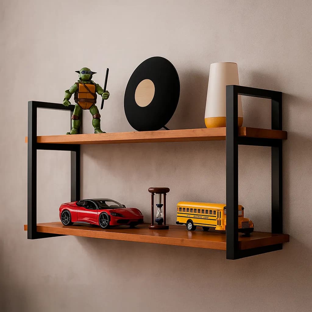 Prateleira Dupla 80x20cm de Madeira Maciça Estilo Industrial Ferro Nicho de Quarto