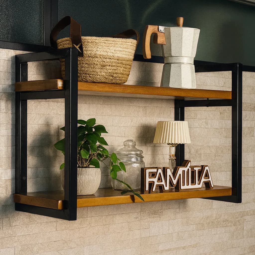Prateleira de Parede 60x20cm Dupla Industrial Nicho Estante Cozinha Lavanderia Ferro Madeira