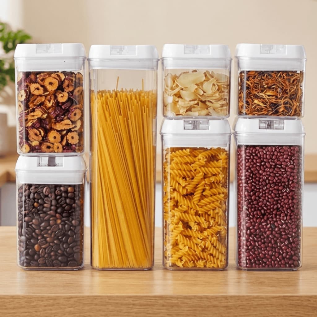 Potes Herméticos Kit 7 Peças Acrilico com Tampa Vedação Segura Armazena Alimentos na Cozinha