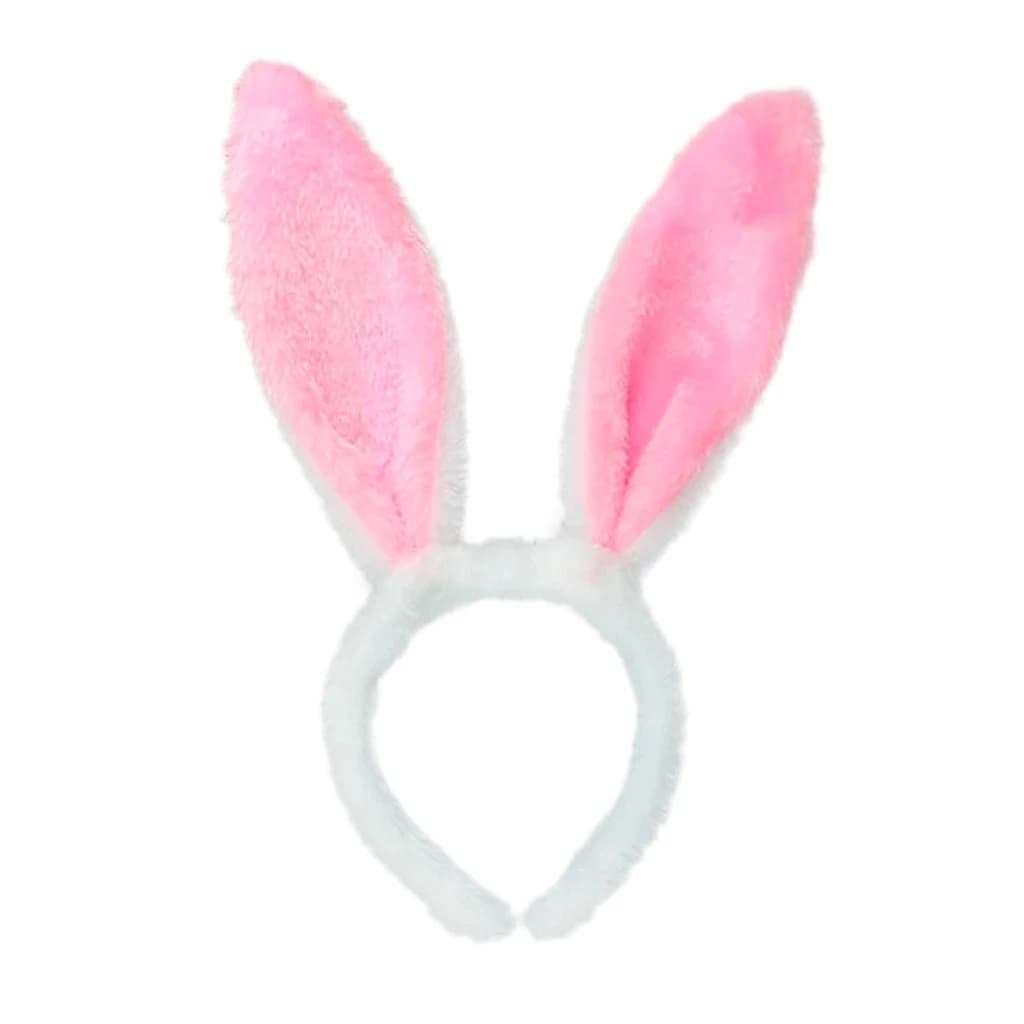 Tiara orelhas de coelho pelúcia fantasia branco e rosa