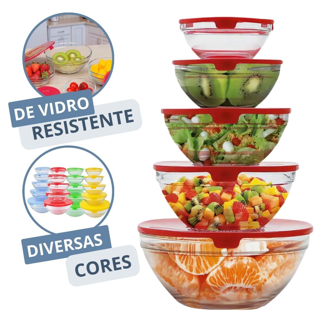 Kit 5 Potes Tigelas de Vidro com Tampa Bowls Marmita para Armazenamento Marmita