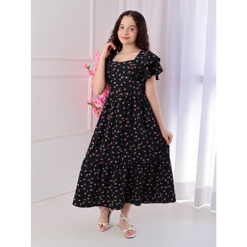 Vestido com Babado na Manga Longo Midi