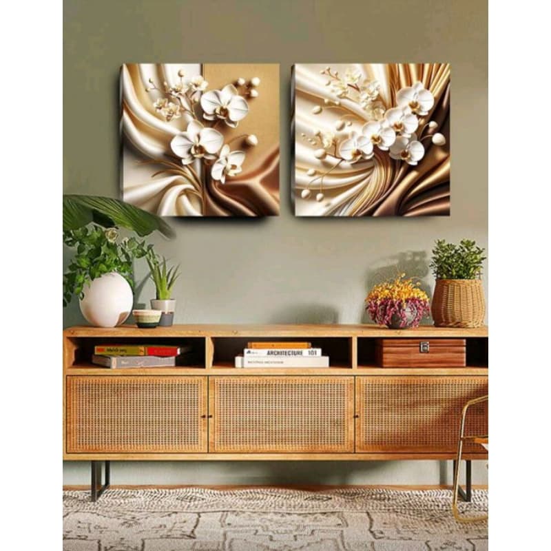 Quadro Decorativo 2 Peças Floral Flores Brancas E Douradas