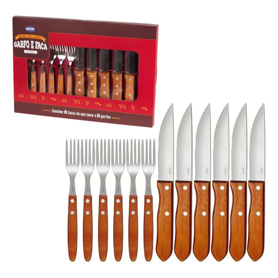 Conjunto Churrasco Garfo e Faca 12 Peças Mor Inox Madeira