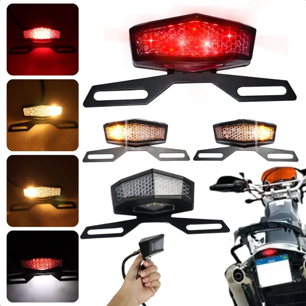 Lanterna Traseira Moto LED Com Suporte Articulado Seta Freio E Luz De Placa 12V