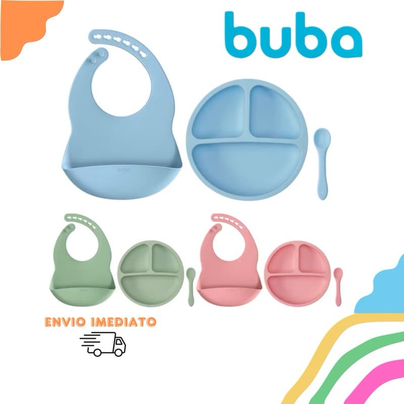 Kit Refeição Infantil em Silicone Buba 3 Peças: Babador, Prato Com Divisória e Colher Introducão Alimentar