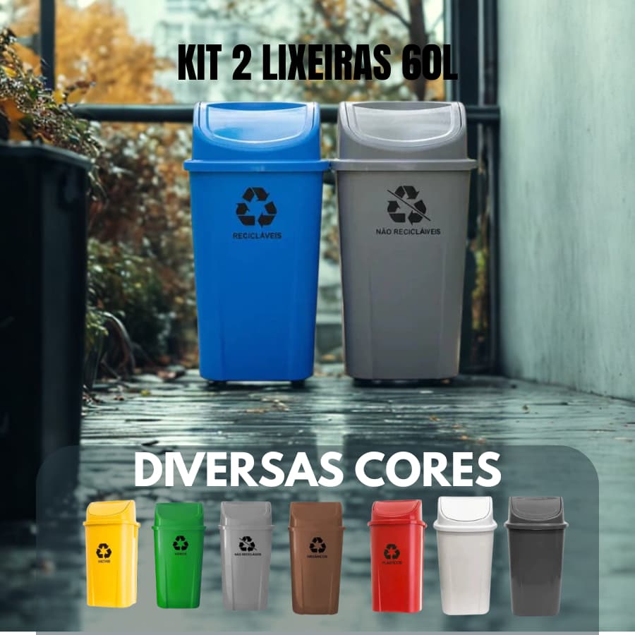 Kit 2 Lixeiras 60L Basculante Vai e Vem Reforçada e Seletiva p/ Cozinha, Banheiro e Recicláveis