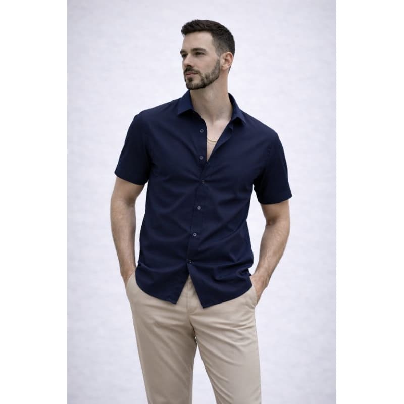 Camisa Masculina Linho Misto de Viscose Gola Italiana Manga Curta Elegante Casual Premium Caimento Perfeito Confortável