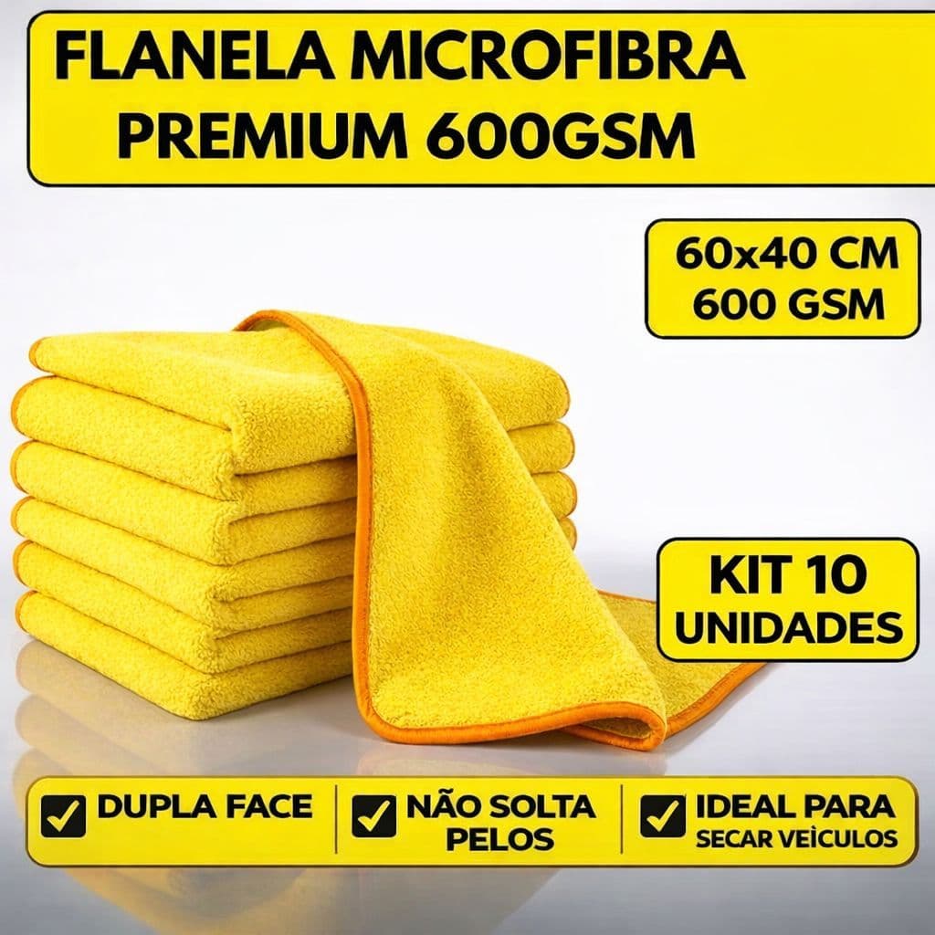 Kit Flanelas Microfibra Premium 350GSM 60x40cm Super Absorção