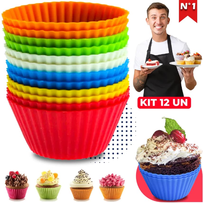 Kit 12 Formas De Silicone Premium Cupcake Empada Muffin Resistente Reutilizável Para Forno Air Fryer