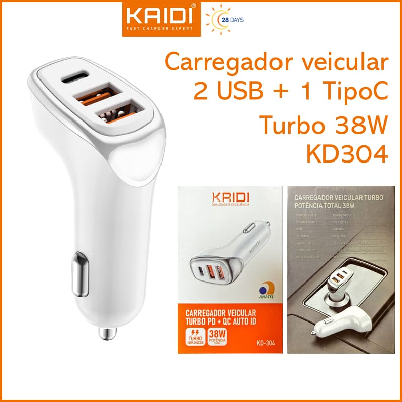 Carregador Veicular Turbo Fonte com 3 Saídas 2 USB e 1 Tipo C Kaidi KD-304