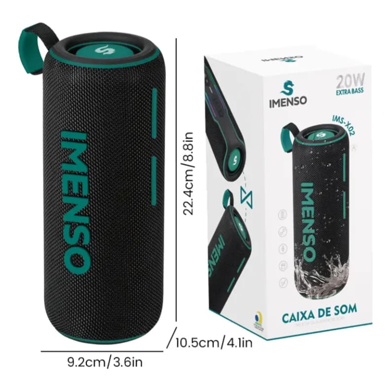 Caixa De Som portátil IMENSO IMS-X02 Bluetooth Portátil 20 W Recarregável 3600 mAh Extra Bass Radio FM, Led TWS, AUX, TF