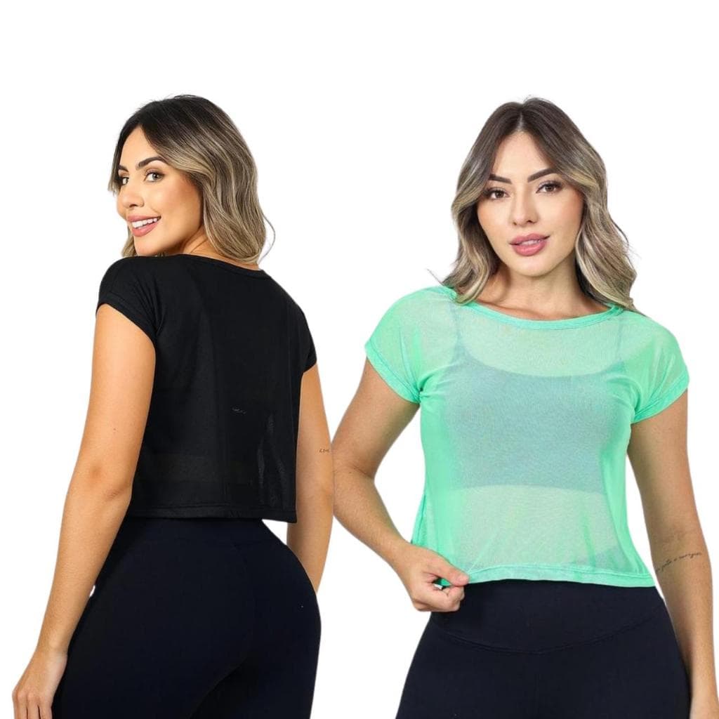 Kit 2 Croped Com Manga Curta Tule Com Transparência Confortável Feminino Fitnes