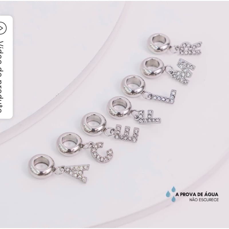 Berloque Aço Inox Letras Inicias Cravejado 316L Pode Molhar Charm Pingente Separador Compatível Água