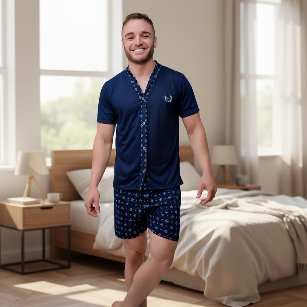 Pijama Masculino Botão Americano Blusa Manga Curta E Shorts